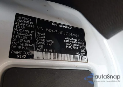 2019 Mercedes-Benz Sprinter 2500 Standard Roof I4 from USA, damaged, VIN WD4PF0ED3KT013065